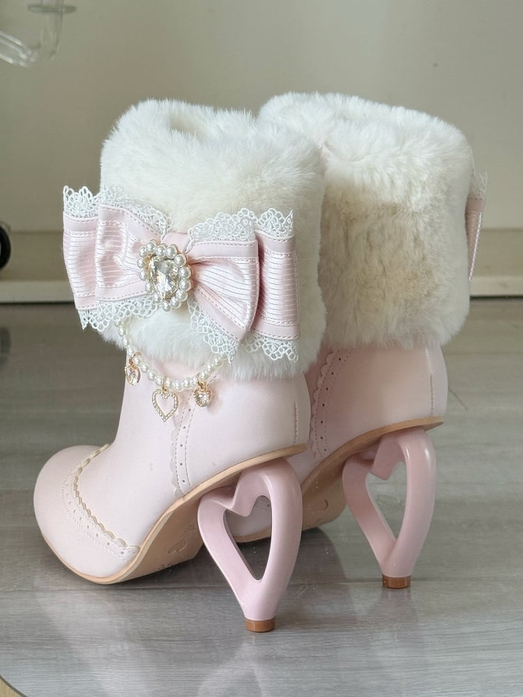 Sakura Pink Plush Boots - Cuff Heel Heart
