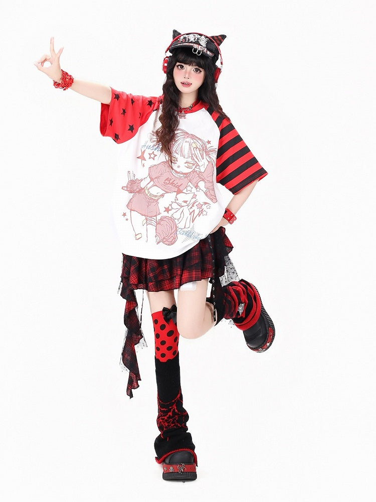 Otaku Kawaii Star-Stripe Tee with Anime Girl Graphic, Red White - CRAZY GIRL