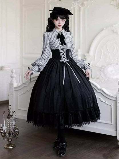 Waist Dress and Fake Striped Blouse Boned Pieces Black Design Skirt Lolita Two