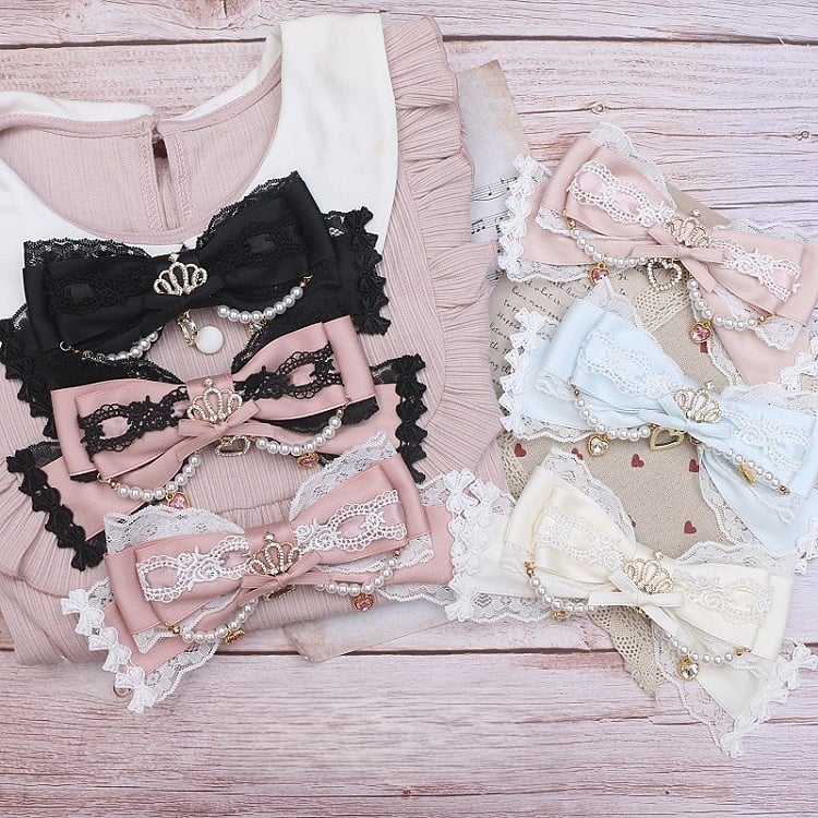 8 Pearl Jirai Bowknot Color Crown Hairclip/Brooch Kei Rhinestone Options Lace