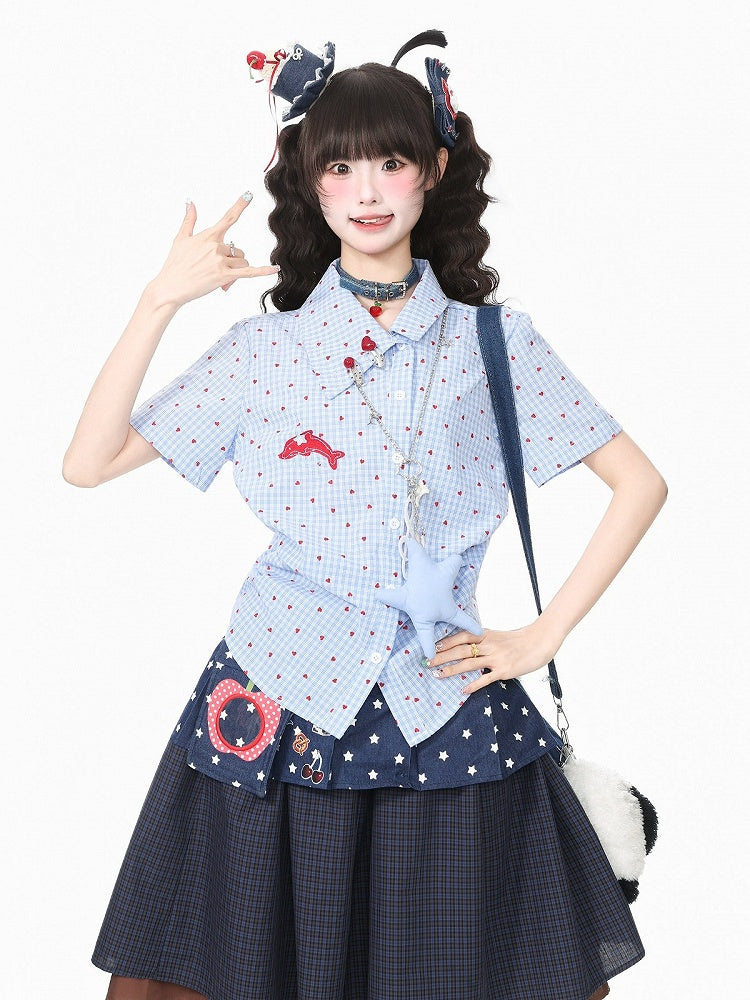 Heart Print Blue Asymmetrical Dolphin Embroidered Shirt - Languid Park