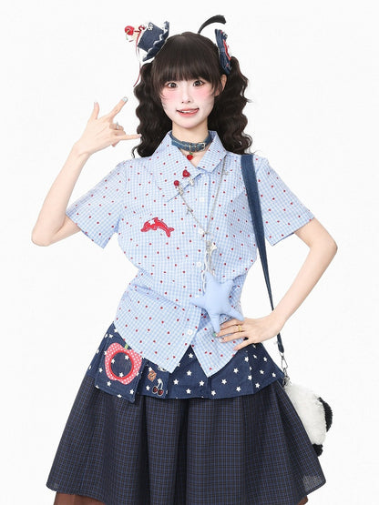 Heart Print Blue Asymmetrical Dolphin Embroidered Shirt - Languid Park