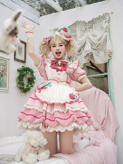 Strawberry Theme Sweet Lolita OP with Apron, Sakura Pink Striped Pattern - Sakurahime