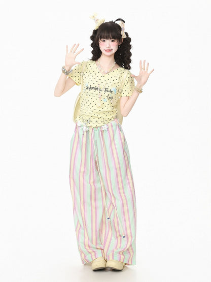 Yellow Summer Kawaii Letter Print V-Neck Short Sleeve T-Shirt with Starfish Necklace - Languid Park