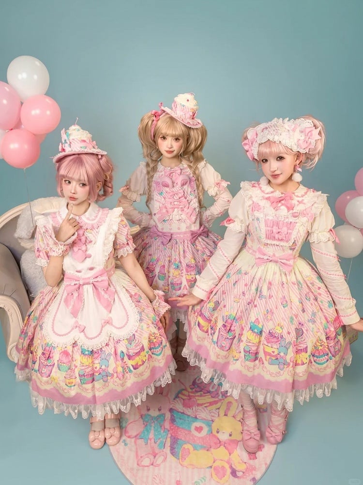 Flutter and Lace Prints Sweet JSK Pink Dress White Trim Sleeves with Lolita Cupcake