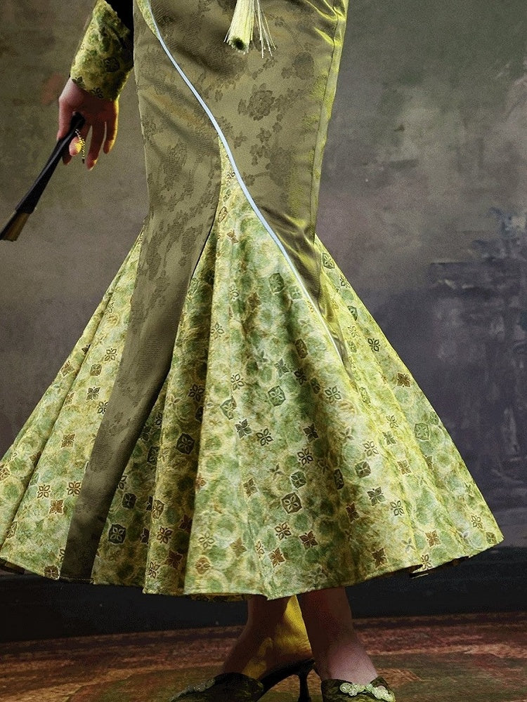 Grass Green Jacquard Chinoiserie Floral Fishtail Qipao Dress with Long Sleeves - sijinstudio