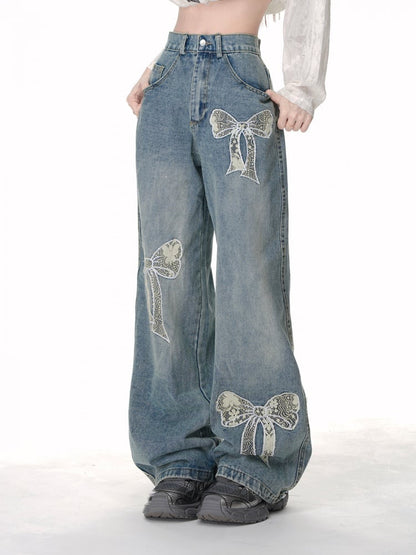 High Street Jeans mit weitem Bein und Spitzenschleife in Blau