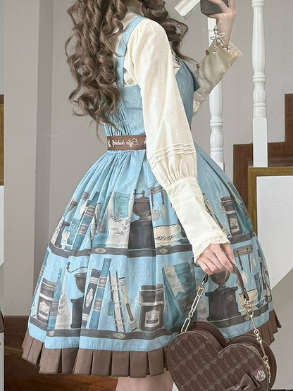Blue Brown Coffee Cup Bookshelf Print Elegant JSK Dress Ruffled Hem - Dream Whale