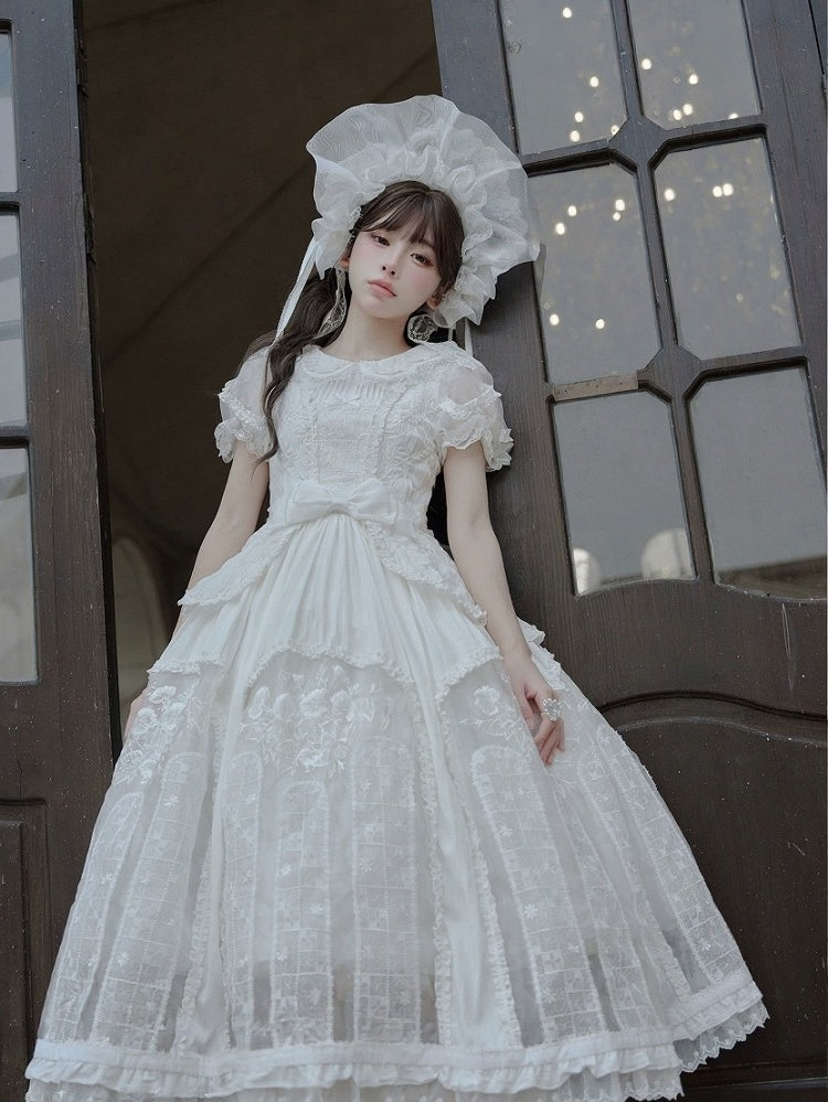 Classic Ivory Puff-Sleeve OP Gown with Sash & Lace Accents - Sleepless Unanswered