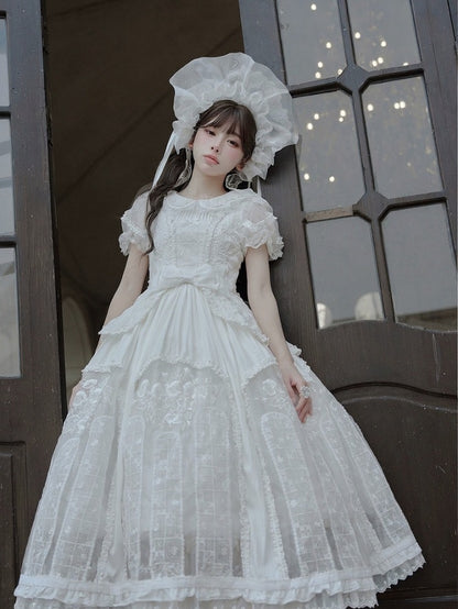 Classic Ivory Puff-Sleeve OP Gown with Sash & Lace Accents - Sleepless Unanswered