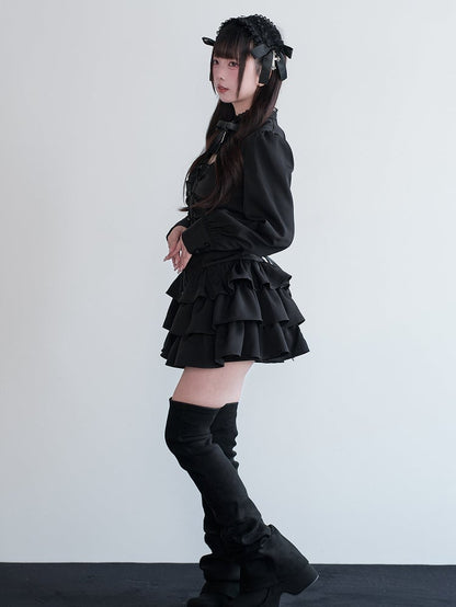Set Multi-Layer Dress Black Cross Cut-Out Matching Shorts Bow + Decor Ruffled Kei Jirai