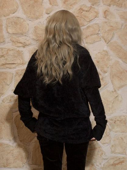 Punk Print Wing Off-Shoulder Strap Knit Top with Sleeves Batwing Black Buckle