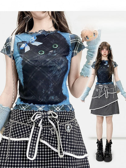 Plaid und Muster Bittersüß gerollt Druck Buchstabe Katze Y2K blau