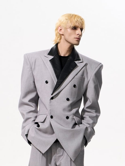 Men's Waist-defining Blazer Detachable Collar Structured Silhouette Shoulder Gray - with Leather