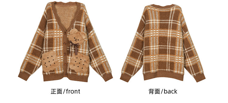 Brown Cute Cookie Bear Adorned Plaid Loose Cardigan