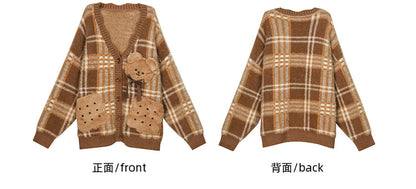Brown Cute Cookie Bear Adorned Plaid Loose Cardigan