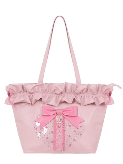 Jirai Kei Pink/Black Ruffled Shoulder Bag with Bow Accent