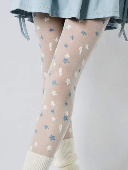 Tights Star with White White/Black Embroidery Blue Sheer