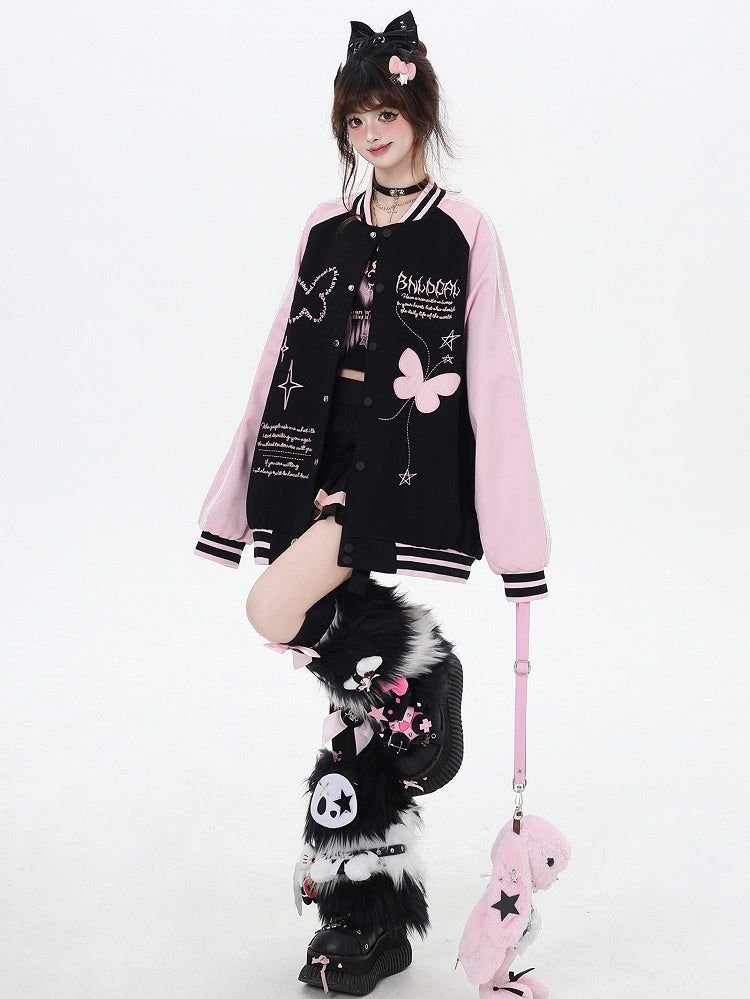 ブラックとピンクのカラーブロックデザイン バタフライベースボールジャケット