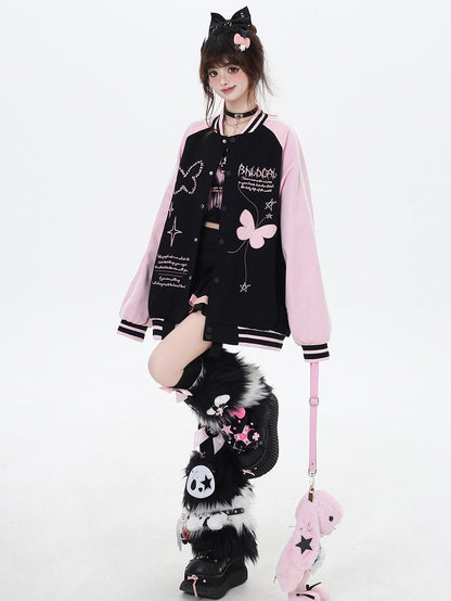 ブラックとピンクのカラーブロックデザイン バタフライベースボールジャケット