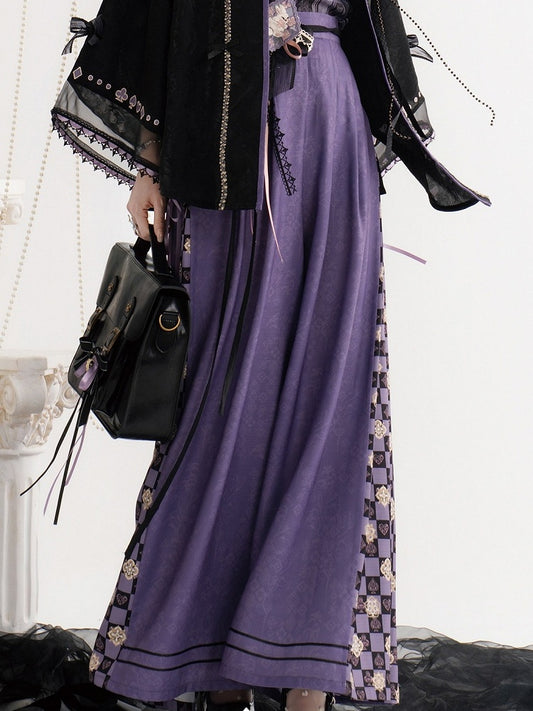 Checked Pattern Chinese Song-style Elastic Waist Wide-leg Pants - Luo Xiu Dong Xiang