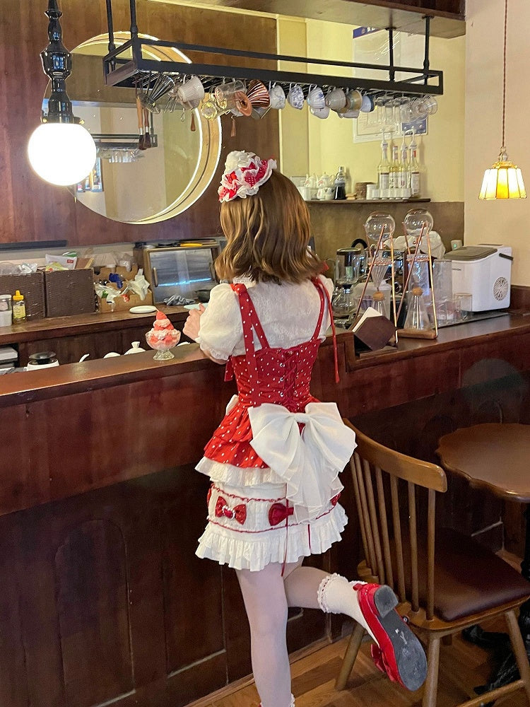 Polka Cami Ärmel Süße Puffschleife + Akzente Rock Lolita Set Top Cropped Dots Rot - Voll