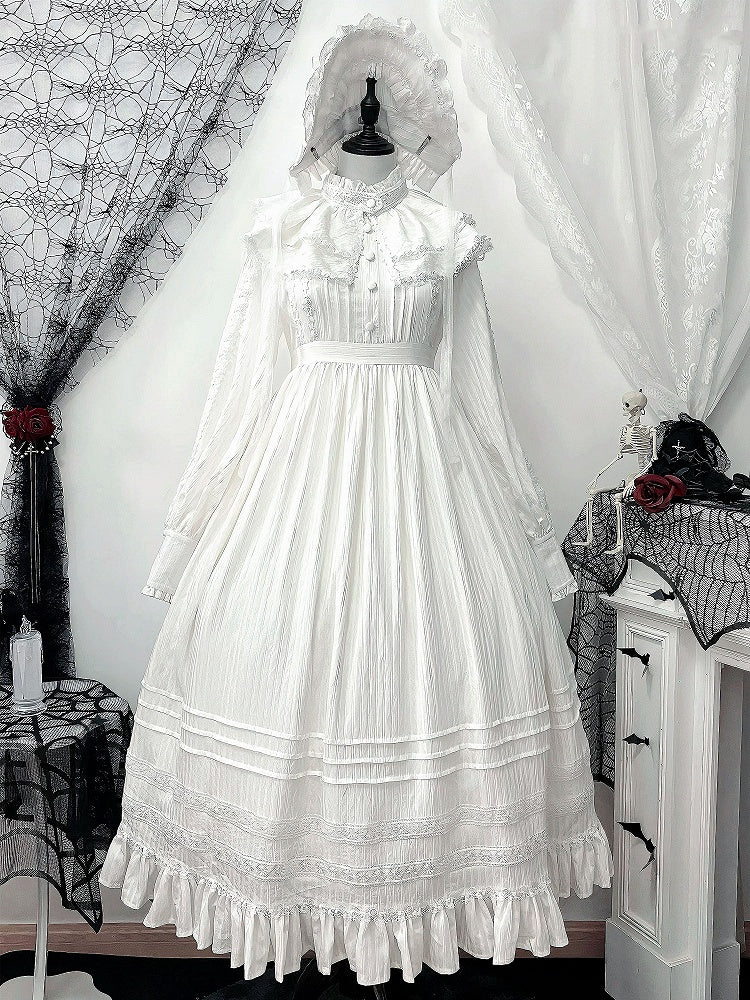 + ハイロングドレスゴシックシロウエストロリータカラースリーブホワイト
