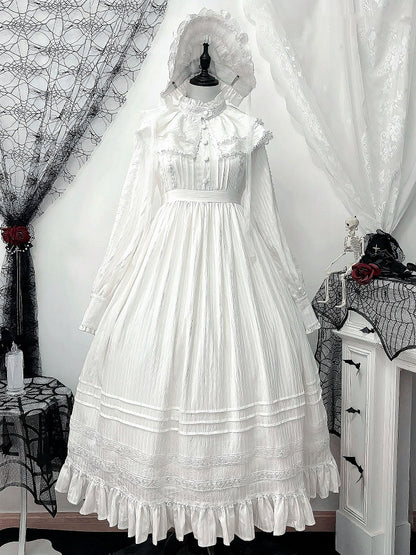 + ハイロングドレスゴシックシロウエストロリータカラースリーブホワイト