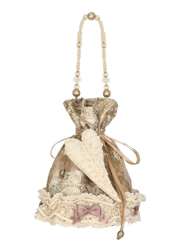 Bag with Vintage Pin Hand Drawstring and Bow Lace Top Accents Heart
