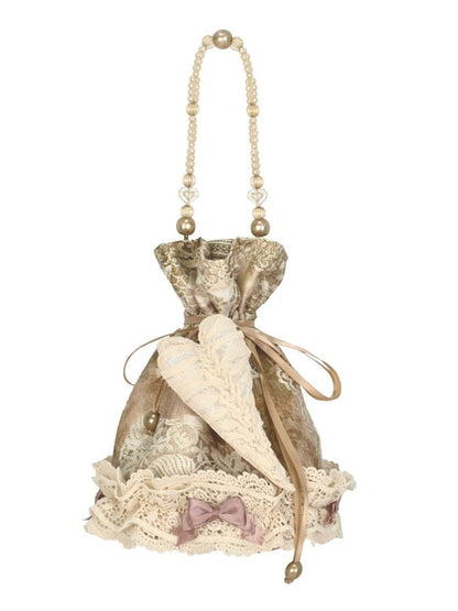 Bag with Vintage Pin Hand Drawstring and Bow Lace Top Accents Heart