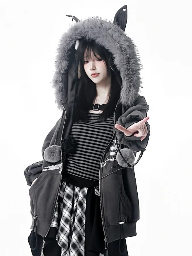 Trim Accents Hooded Grey Ear Spiderweb Hood Prints Plush Jacket with - Bittersweet Wolf