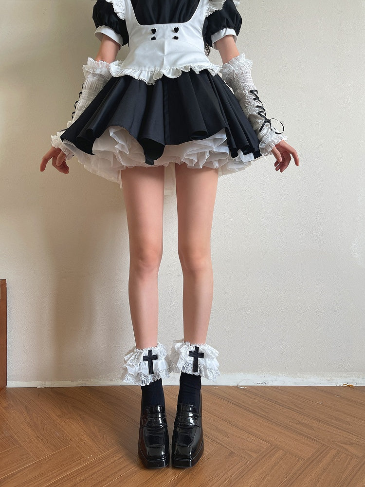 BlackWhite Gothic Decoration Ruffled 3-Layer Sockswith Cross Lolita