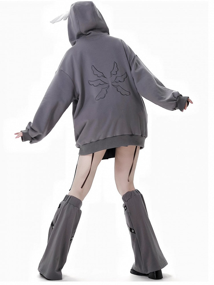 ブラック/グレー クロス PU ストラップ レッグウォーマー