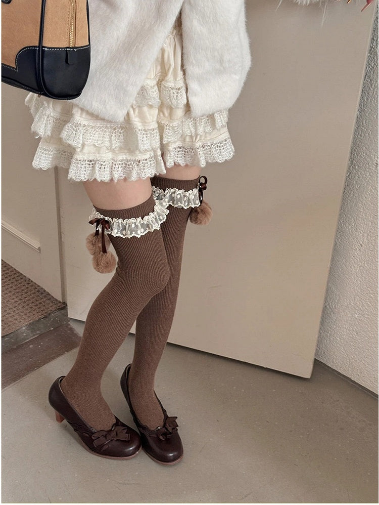 Ribbed with Lace Cuffs Stockings Over-the-Knee Pom-Pom