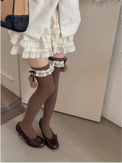 Ribbed with Lace Cuffs Stockings Over-the-Knee Pom-Pom