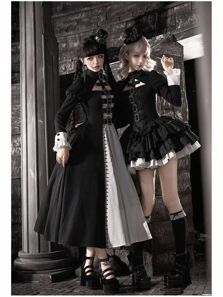 Gothic Lace-Up Lolita OP Gown with Metal Buckle, Short Version and Mini Hat Set - With PUJI