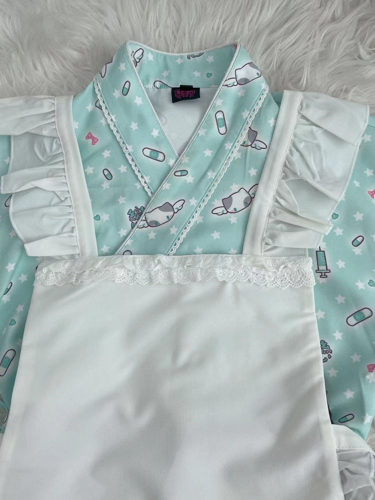 Wrap Set: 3-Piece Top Kimono Green Style Mint Maid-Inspired