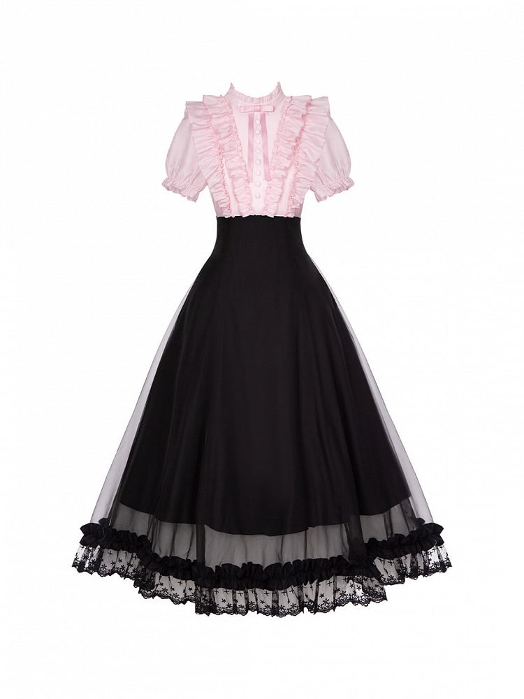 Pink Ruffled Blouse & Black Long Skirt Fake Two Pieces Lolita Dress - With PUJI