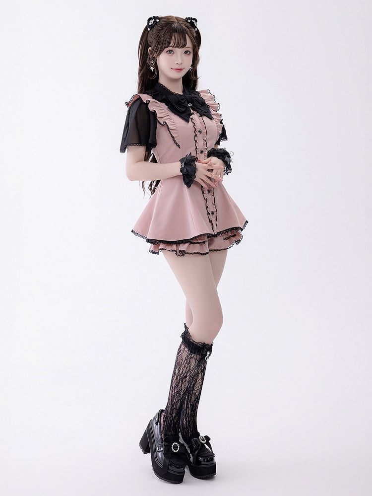 Chiffon Ruffle Dress with Lace Trim and Bow Set - Fluffy Heart