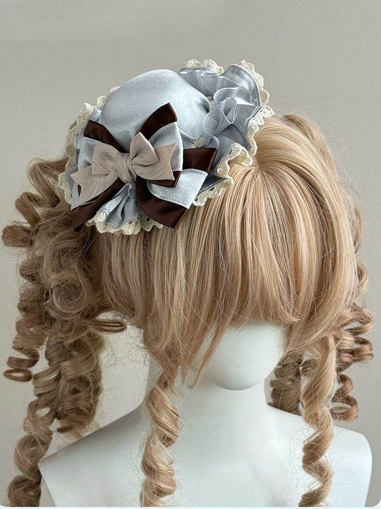 Blue & Brown Bow Lolita Mini Hat with Lace Trim - The Accessories' Story