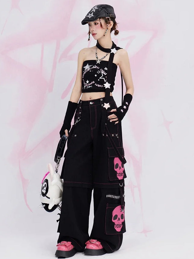 Y2K Black Skeleton Cargo Pockets Straps Design Wide-leg Cut Jeans