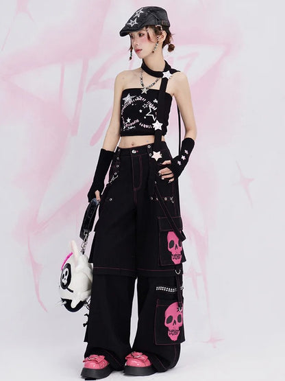 Y2K Black Skeleton Cargo Pockets Straps Design Wide-leg Cut Jeans