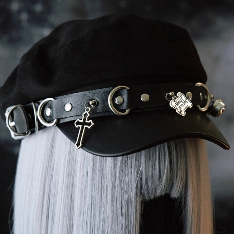 Nieten Kreuz Baskenmütze und Knochen Hut Schwarz Gothic Details Charme