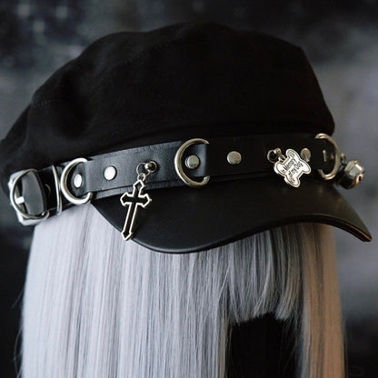 Studs Cross Beret And Bone Hat Black Gothic Details Charm