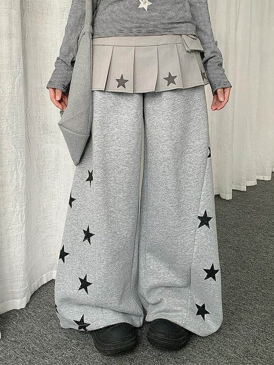 Black/Gray Curved Leg Pants with Star Print - Solkatt