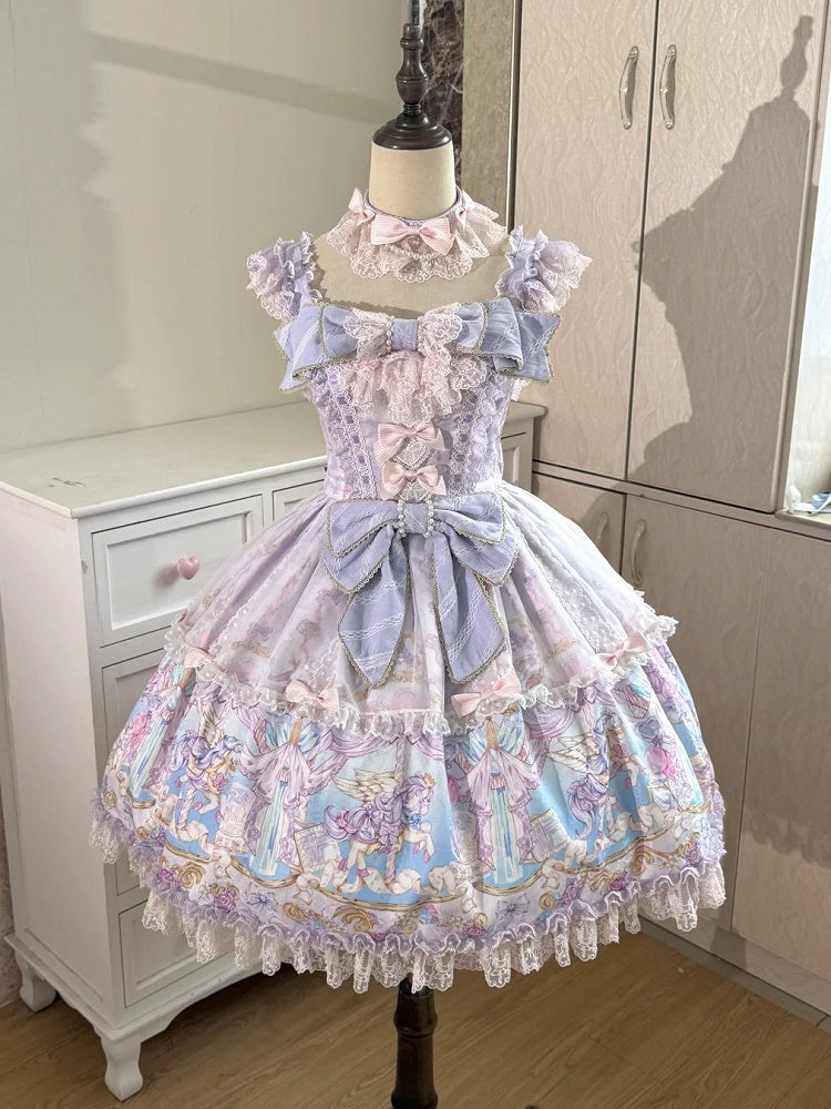 Carousel Print Tulle-Overlaid JSK Dress with Bow and Lace Trim in Soft Lilac - Doki Cherry
