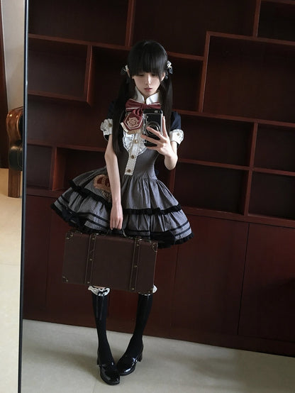 Monochrome Preppy Striped Two-Piece Gown with Crown Embroidery - Fairy Faith