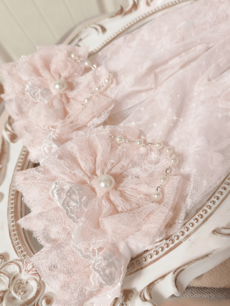 Gloves Details Bowknot Princess Pearl Lace Lolita with Pink/Blue