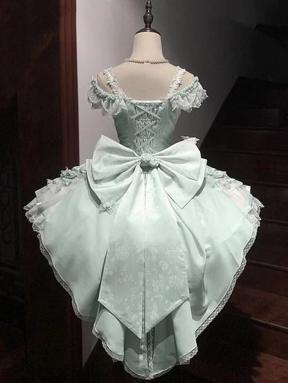 Green Dress Waist and with Princess Bows Bead Decorated Chains Lolita Corset Balletcore