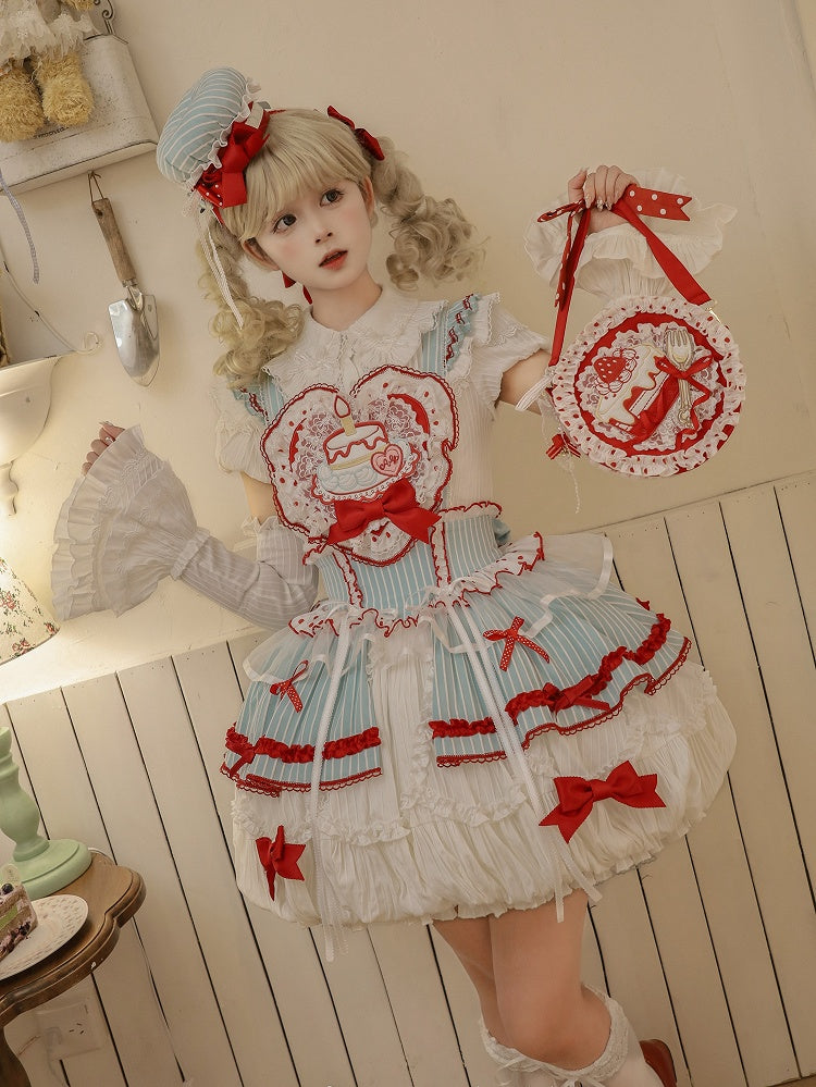 Bubble Appliqué Bodice Heart-Shaped and Cake Red Green Sweet Lolita Overall Dress with